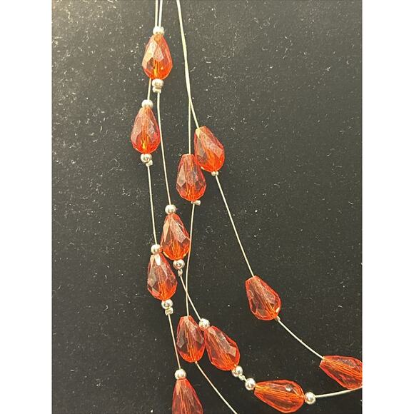 Vintage Multi Strand Red Beaded Silver Tone Necklace Jewerly Costume Fashion - Picture 4 of 7